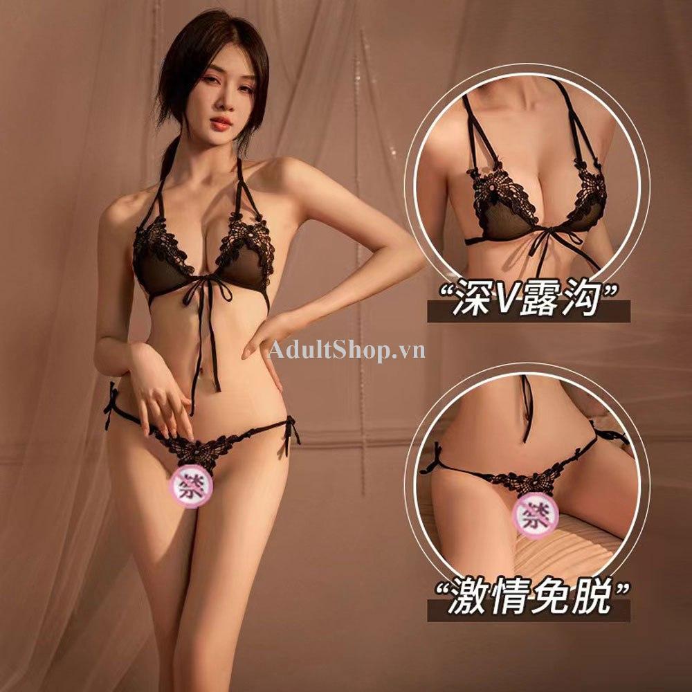 Thời Trang Nữ  Ren Thêu Modna + Vớ Da - Đen
